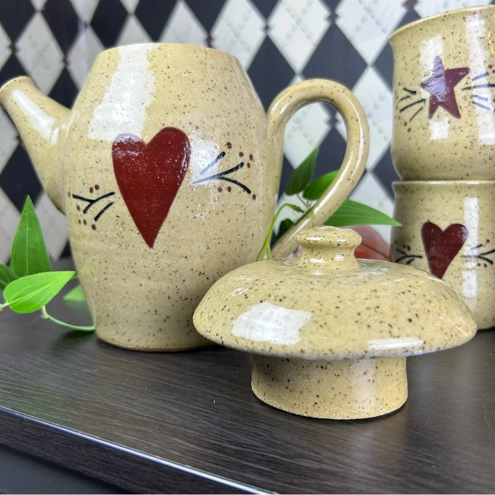 Studio Pottery Tea Set Stoneware Teapot and Four Mugs Heart Star Motif Primitive